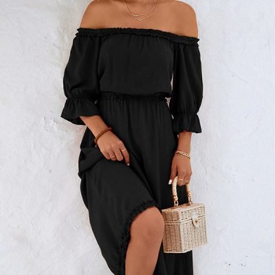 Solid Color Off The Shoulder Frill Casual Dress