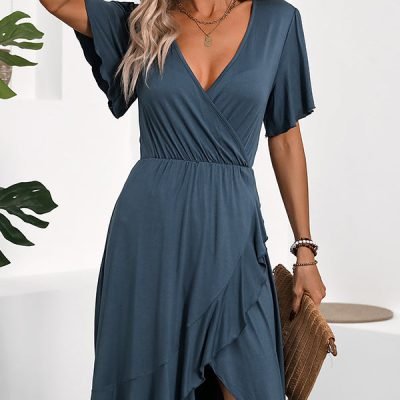 V Neck Ruffle Hem Solid Casual Dress