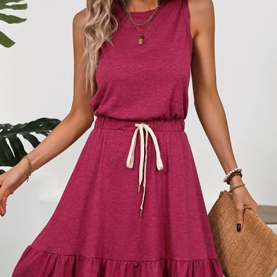 Fashion Solid Color Tie Waist Casual Dress