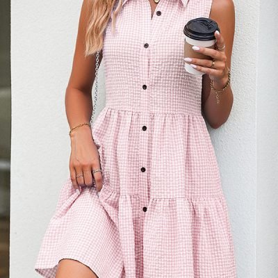 Lapel Sleeveless Plaid Print Mini Dress