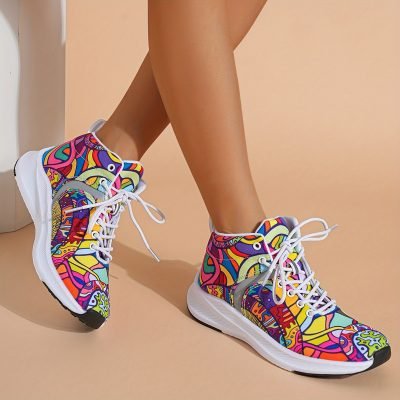 Women’s Graffiti Print High-Top Lace-Up Sneakers, Reflective Safety Straps Detail Sneakers, Women’s Footwear