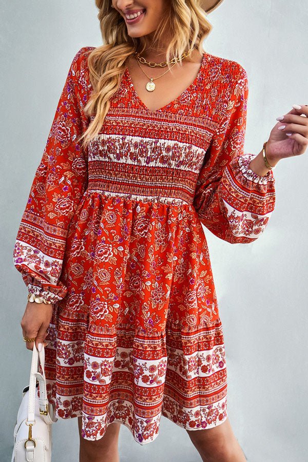 Bohemia Smocked Bust Long Sleeve Printed Dress - Image 3
