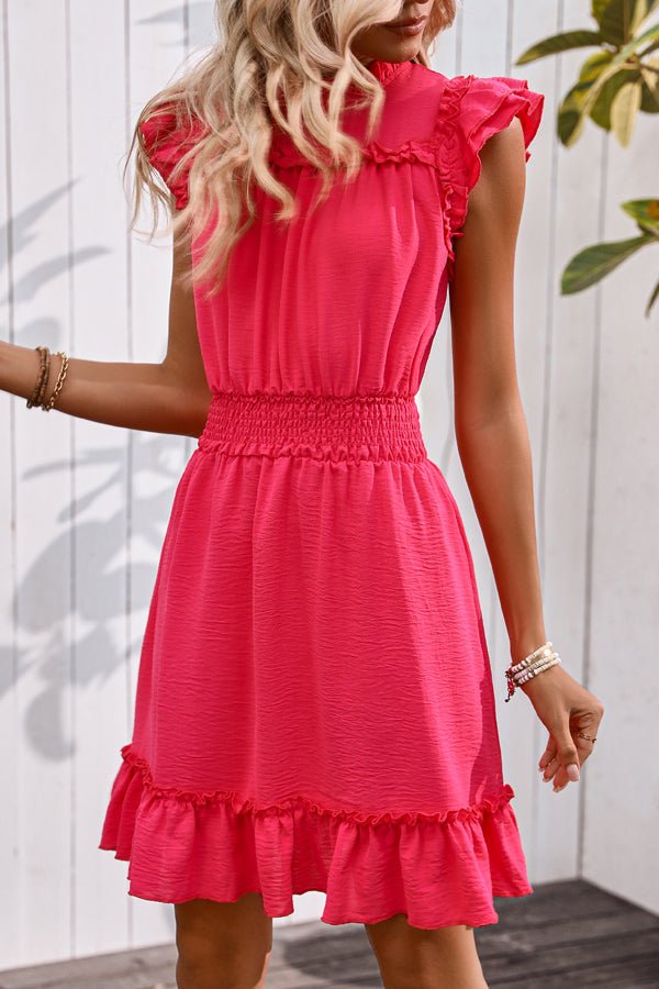 Smocked Waist Solid Color Ruffle Hem Mini Dress - Image 3