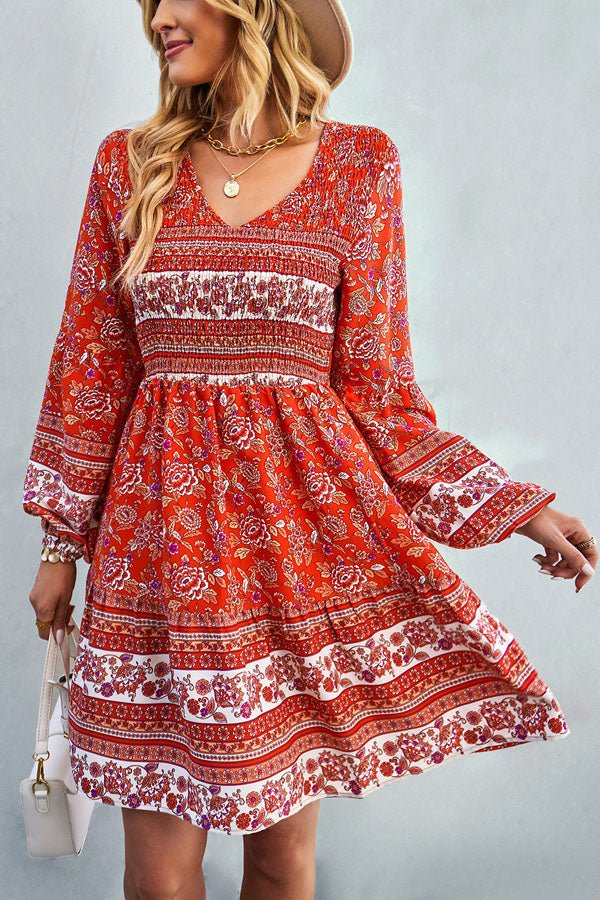 Bohemia Smocked Bust Long Sleeve Printed Dress - Image 2