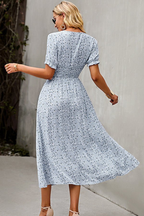 Fashion V Neck Smocked Chest Floral Print Maxi Dress - Image 4