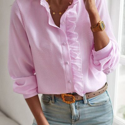 Button Stringy Selvedge Long Sleeve Casual Tops