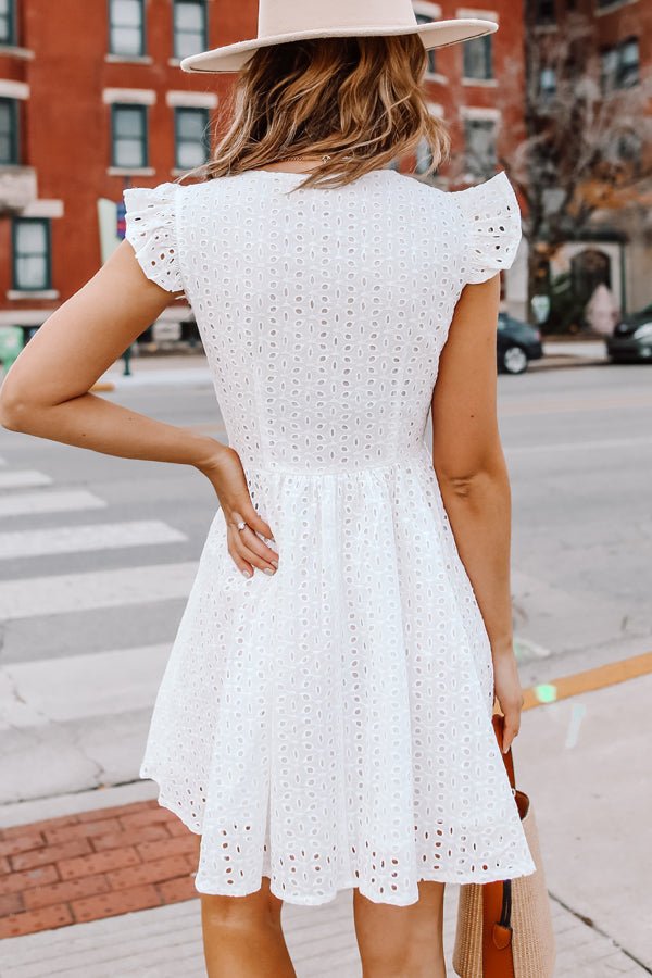 Ruffle Shoulder Hollow Solid White Mini Dress - Image 3