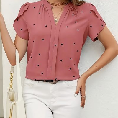 Heart Print V Neck Blouse, Casual Petal Sleeve Blouse For Spring & Summer, Women’s Clothing