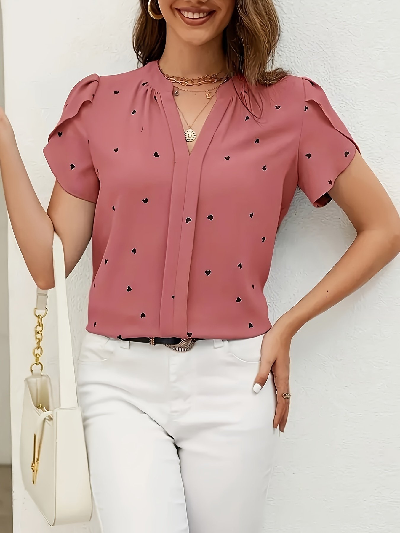 Heart Print V Neck Blouse, Casual Petal Sleeve Blouse For Spring & Summer, Women’s Clothing