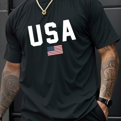 USA Print Men’s Creative Top, Casual Short Sleeve Crew Neck T-shirt, Men’s Clothing For Summer Outdoor