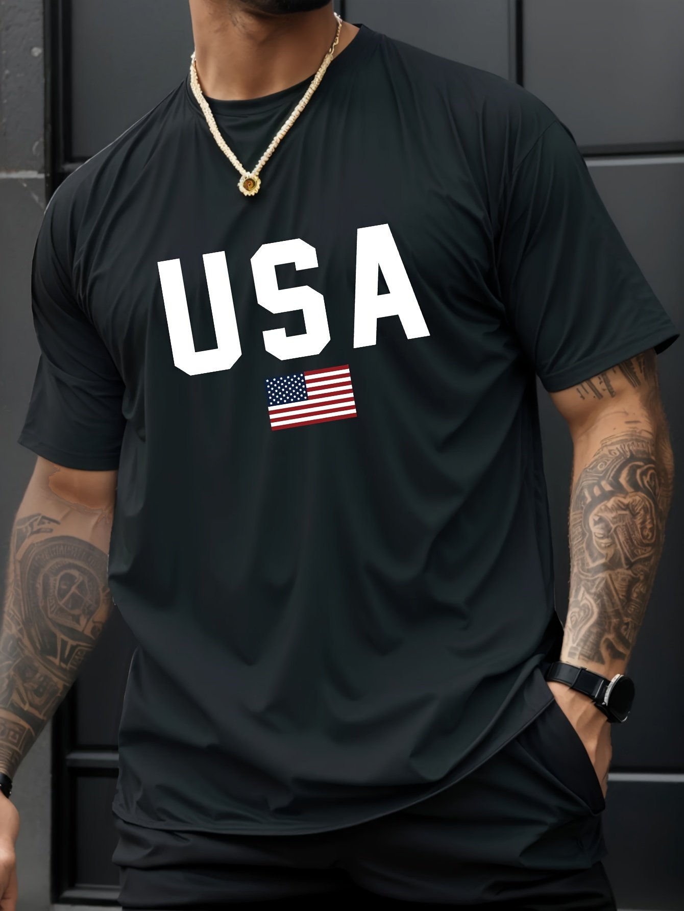 USA Print Men’s Creative Top, Casual Short Sleeve Crew Neck T-shirt, Men’s Clothing For Summer Outdoor
