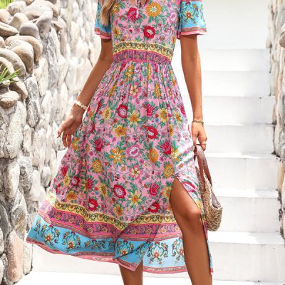 Bohemia Print Knot Front Split Side Maxi Dress