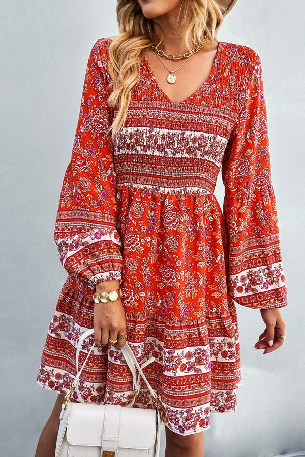Bohemia Smocked Bust Long Sleeve Printed Dress - Image 4