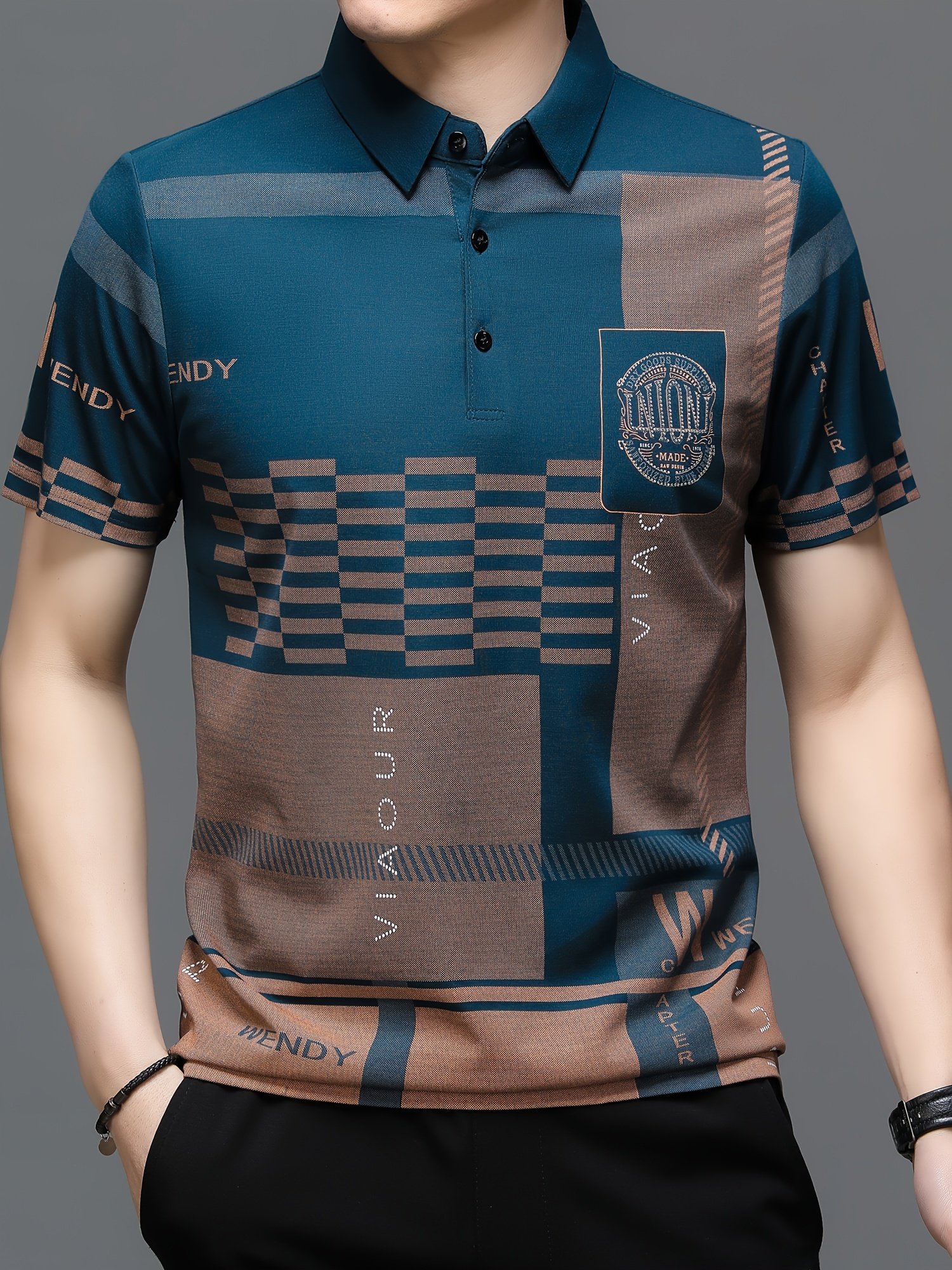Men??s Irregular Geometric Pattern And Alphabet Print Sports Shirt With Henley Neck, Lapel Collar And Short Sleeve, Casual And Chic Tee For Men, Tops Suitable For Summer Outdoors Activities - Image 7