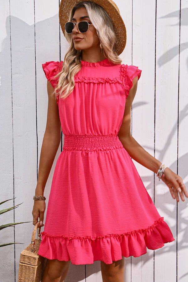 Smocked Waist Solid Color Ruffle Hem Mini Dress - Image 5