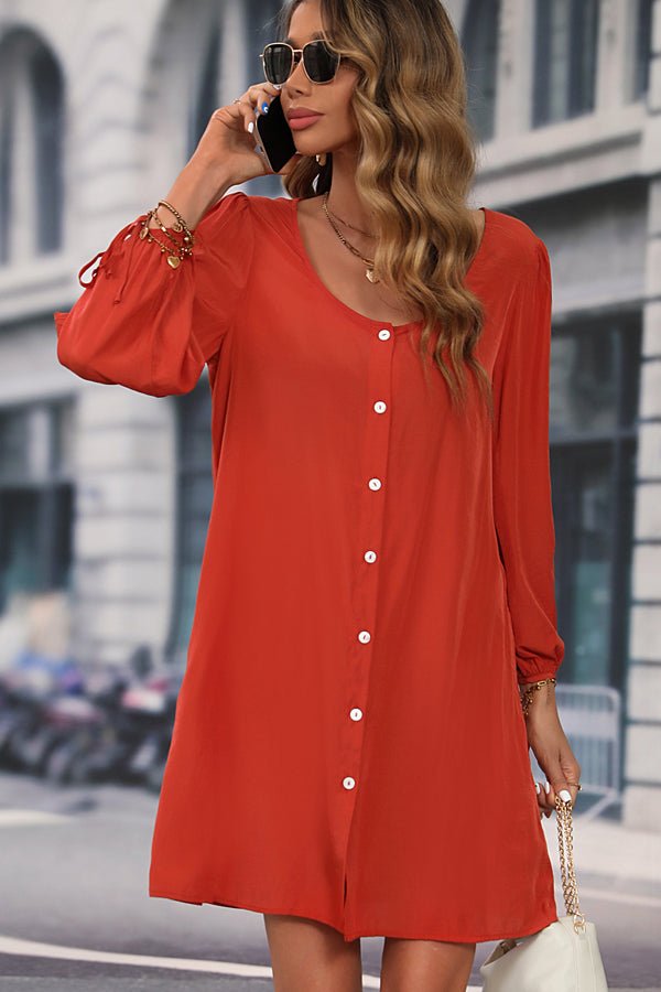 Long Sleeve Button Round Neck Solid Dress - Image 5