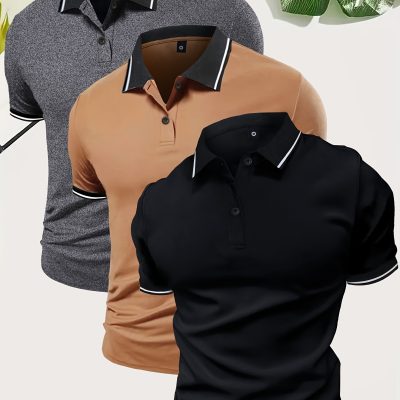 3Pcs Breathable Regular Fit Golf Shirt, Men’s Casual V-Neck T-Shirt Short Sleeve For Summer, Men’s Clothing