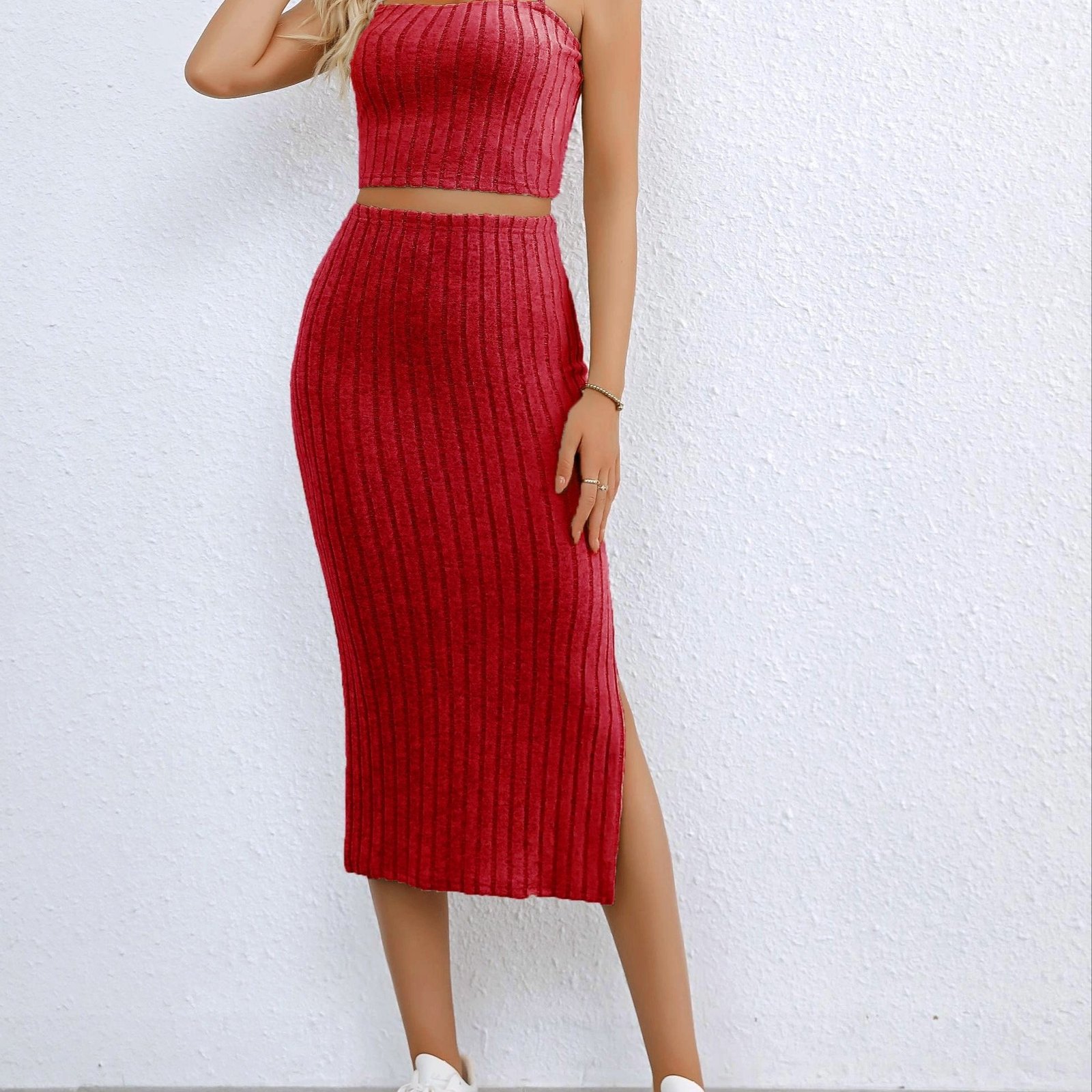 Ribbed Knit Two-piece Skirt Set, Crop Cami Top & Split Hem Skirt Outfits, Women??s Clothing - Image 2