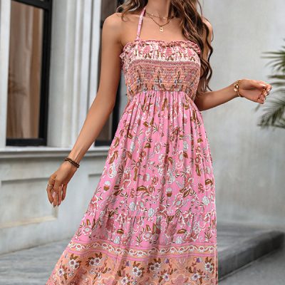 Bohemia Print Smocked Halter Neck Maxi Dress