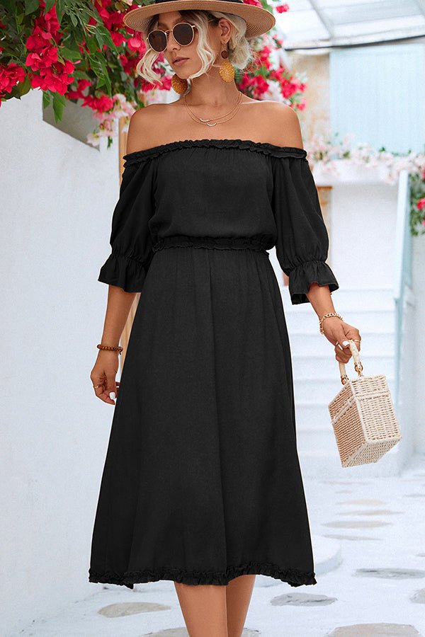 Solid Color Off The Shoulder Frill Casual Dress - Image 4