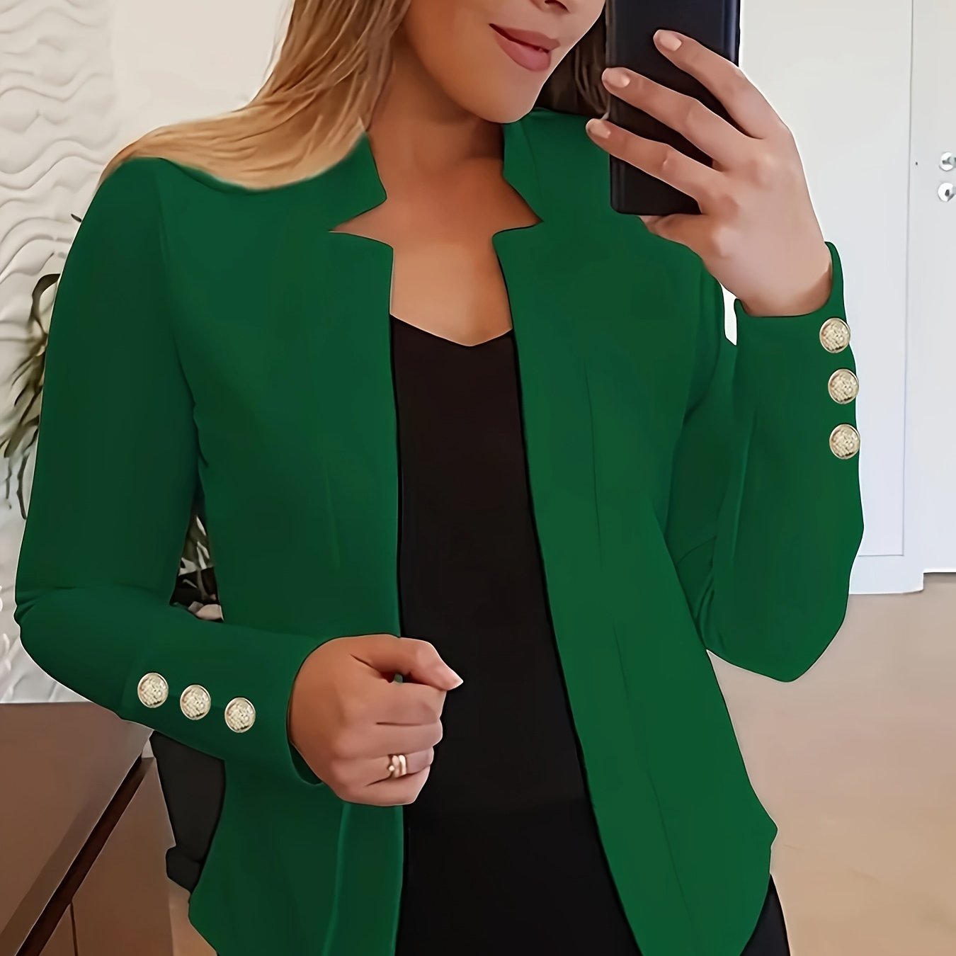 Solid Open Front Blazer, Casual Long Sleeve Button Blazer For Office & Work, Women’s Clothing - Image 2