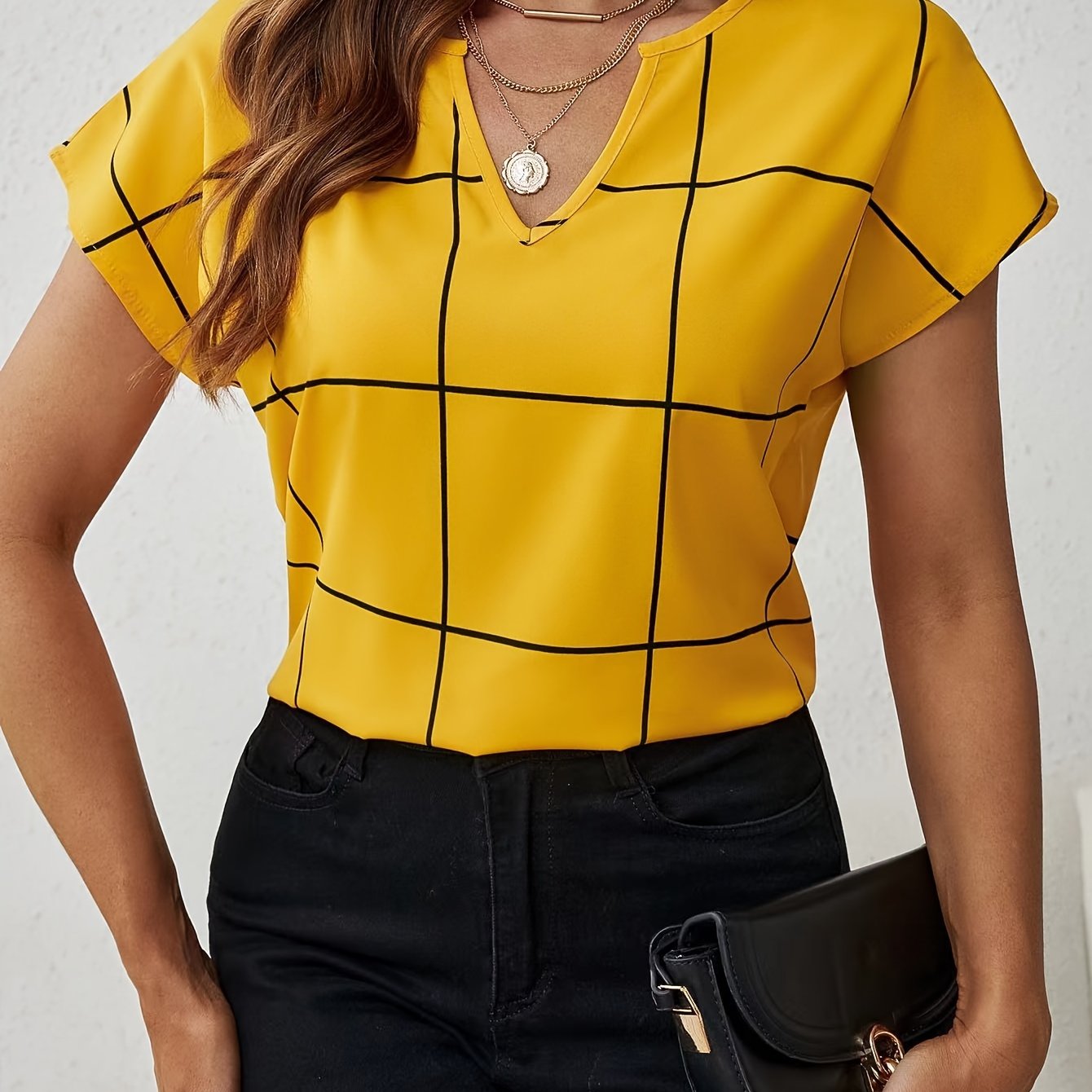 Plaid Print Notched Neck Blouse, Casual Short Sleeve Blouse For Spring & Summer, Women’s Clothing - Image 2