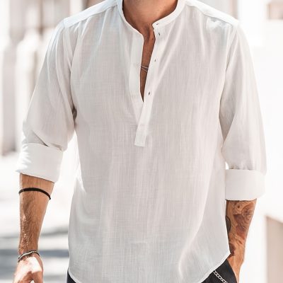 Classic Design Cotton Boat Neck Henley Shirt, Men’s Casual Fit Vintage Style Long Sleeve Top For Spring Fall