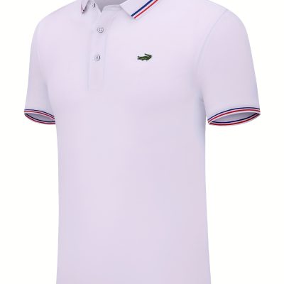 Breathable Embroidered Shirt, Men’s Casual Crocodile Pattern Stripe Lapel Button Up Golf Shirt For Summer