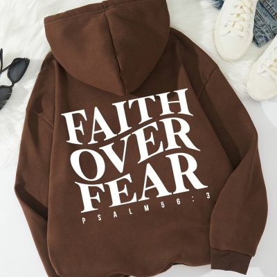 Inspirational Quote Hoodie, “Faith Over Fear” Letter Print Hooded Sweatshirt, Casual Pullover, Long Sleeve, Kangaroo Pocket, Adjustable Drawstring, Fashion