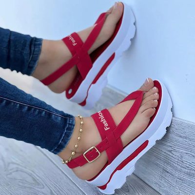 Women’s Platform Thong Sandals, Solid Color Letter Buckle Strap Slingback Shoes, Outdoor Summer Sandals