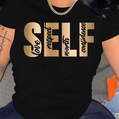 Letter Print Crew Neck T-Shirt, Casual Short Sleeve T-Shirt For Spring & Summer, Women’s Clothing