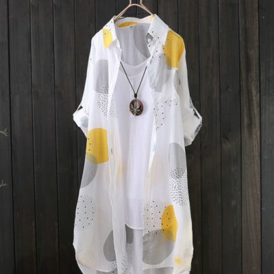 Allover Print Button Front Blouse, Casual Long Sleeve Thigh Length Blouse For Spring & Fall, Women’s Clothing
