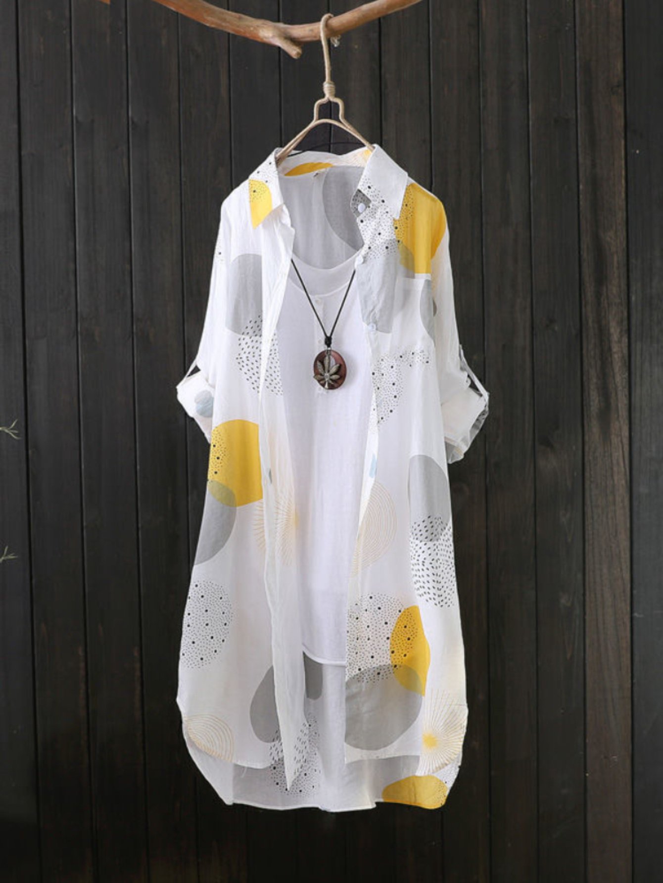Allover Print Button Front Blouse, Casual Long Sleeve Thigh Length Blouse For Spring & Fall, Women’s Clothing