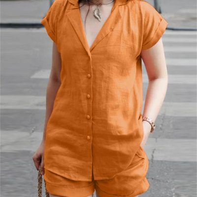 Casual Solid Two-piece Set, Open Front Lapel Neck Top & Skinny High Waist Shorts Outfits, Women’s Clothing