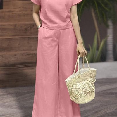 Loose Solid Color Two-piece, Crew Neck Short Sleeve T-shirt & Dual Pocket Pants Outfits, Women’s Clothing
