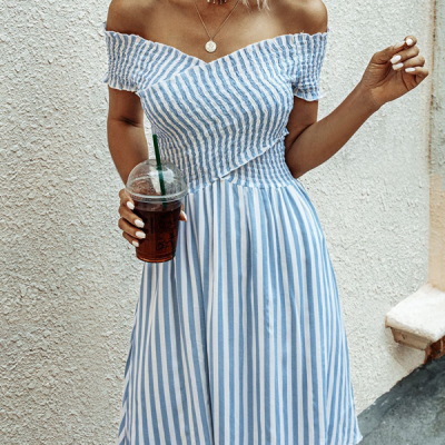 Smocked Chest Bardot Stripe Print Mini Dress