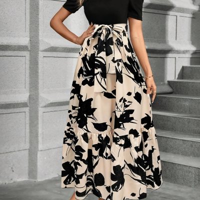 Lace Up Floral Print Splicing Dress, Elegant Crew Neck Short Sleeve Dress For Spring & Summer, Women’s Clothing