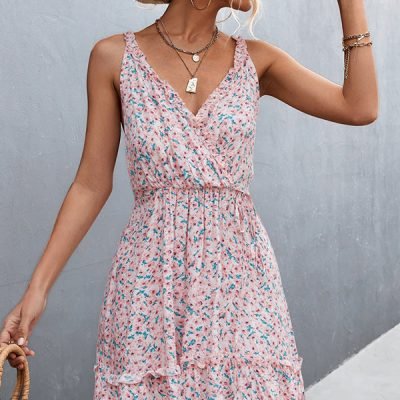 Floral Print Frill Sleeveless Casual Dress