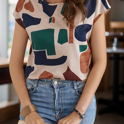 Graphic Print Crew Neck Blouse, Casual Short Sleeve Blouse For Spring & Summer, Women’s Clothing