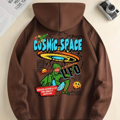 UFO & Alien Print Hoodie, Cool Hoodies For Men, Men’s Casual Graphic Design Pullover Hooded Sweatshirt With Kangaroo Pocket Streetwear For Winter Fall, As Gifts
