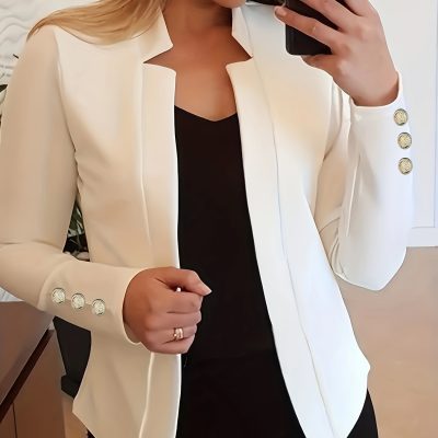 Solid Open Front Blazer, Casual Long Sleeve Button Blazer For Office & Work, Women’s Clothing
