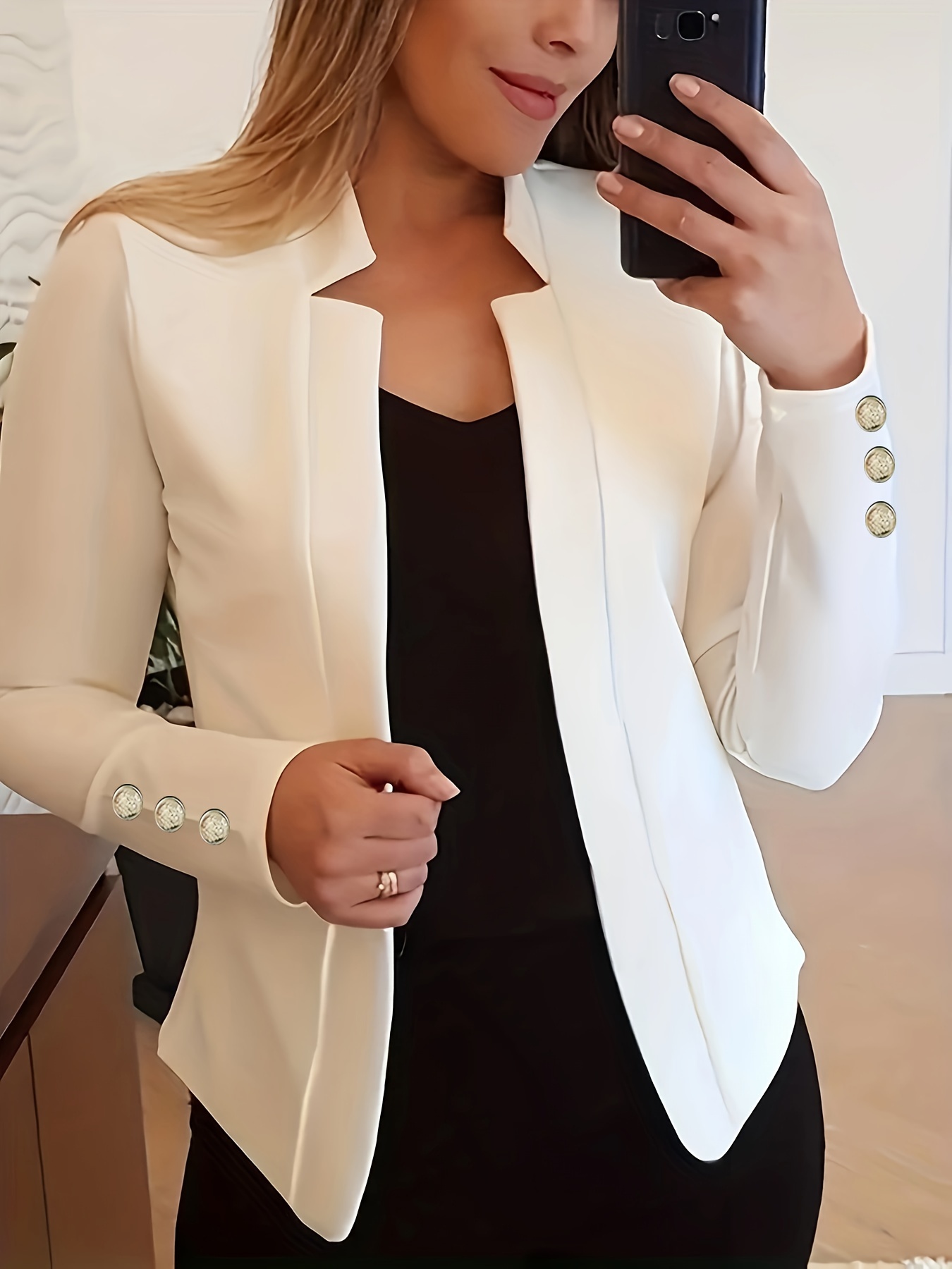 Solid Open Front Blazer, Casual Long Sleeve Button Blazer For Office & Work, Women’s Clothing