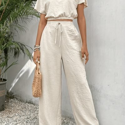 Solid Color Summer & Spring Casual Two-piece Set, Batwing Sleeve Crop Top & Tie Front Pants Outfits, Women??s Clothing