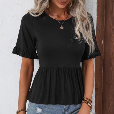 Solid Color Ruffle Sleeve Casual Tops