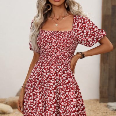 Floral Print Puff Sleeves Ruffled Mini Dress