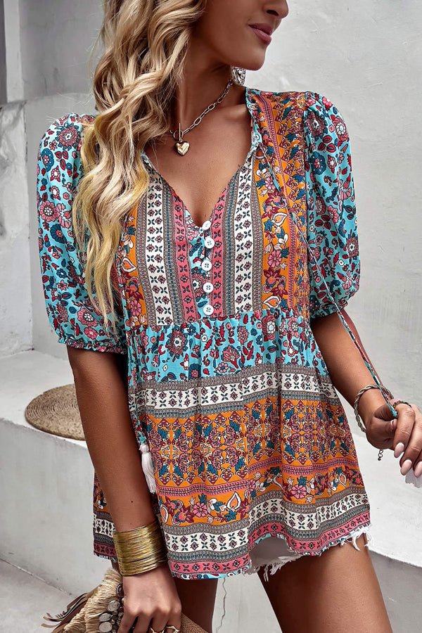 Bohemian Floral Short Sleeve Casual Tops - Image 5