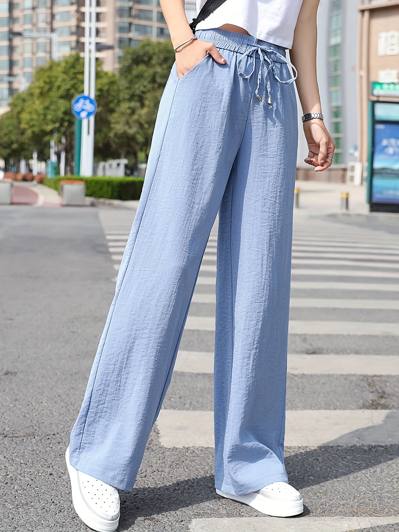 Minimalist Solid Drawstring Pants, Casual Long Length Elastic Waist Wide Leg Pants, Women??s Clothing
