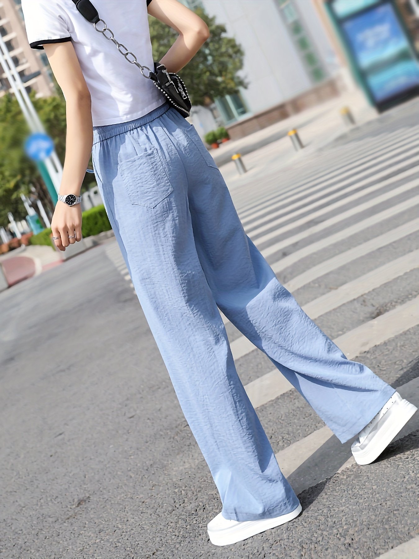 Minimalist Solid Drawstring Pants, Casual Long Length Elastic Waist Wide Leg Pants, Women??s Clothing - Image 6