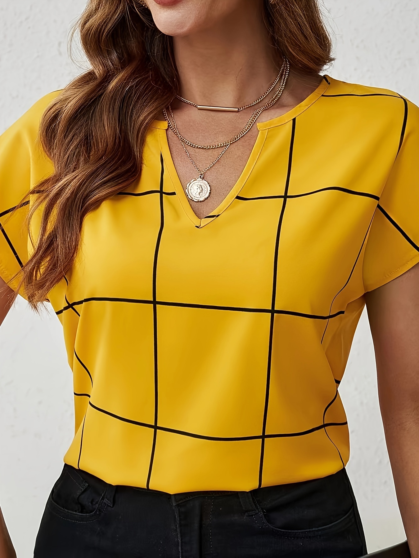 Plaid Print Notched Neck Blouse, Casual Short Sleeve Blouse For Spring & Summer, Women’s Clothing