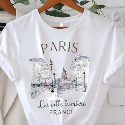 Paris Print T-shirt, Short Sleeve Crew Neck Casual Top For Summer & Spring, Women’s Clothing